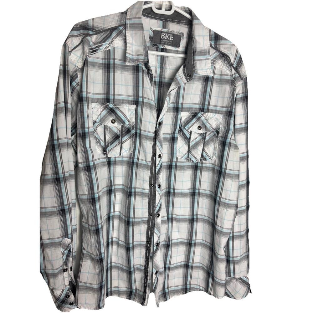 BKE Buckle Men's White Plaid Cowboy Western Pearl Snap Athletic Fit Shirt Sz XL